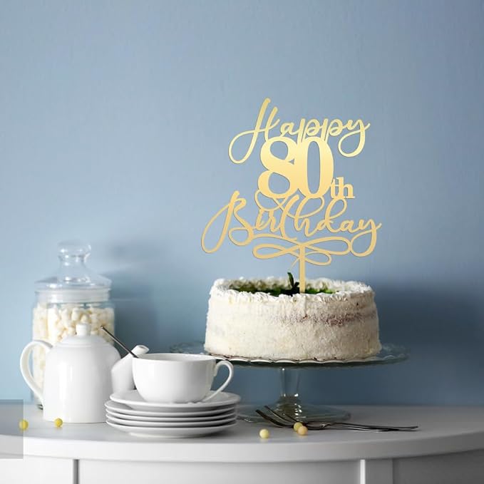 Happy 80th Birthday Cake Topper,Mirrored Gold Acrylic Durable Cake Topper，Hello 80, Cheers to 80 Years/80th Anniversary,80th Birthday Party Cake Decorations，Birthday Party Decorations