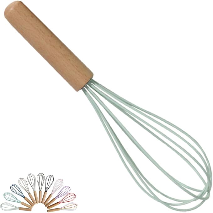 1-Piece Light Green Silicone Whisk with Wooden Handle BRIIEC 10-inch Non Stick Balloon Whisk Egg Beater for Pancake Batter, Eggs and Egg Whites, Cake Mix, Blending, Gravy and Sauces