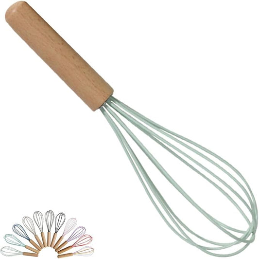 1-Piece Light Green Silicone Whisk with Wooden Handle BRIIEC 10-inch Non Stick Balloon Whisk Egg Beater for Pancake Batter, Eggs and Egg Whites, Cake Mix, Blending, Gravy and Sauces