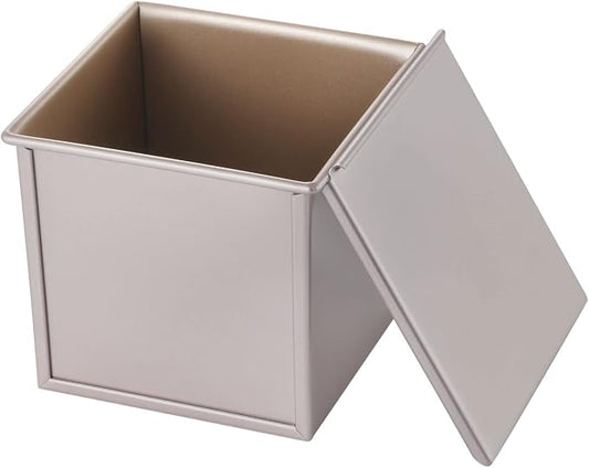 CHEFMADE Square Pullman Loaf Pan with Lid, 1Lb Dough Capacity Non-Stick Rectangle Flat Toast Box for Oven Baking 5.3" x 5.3"x 5.2"(Champagne Gold)