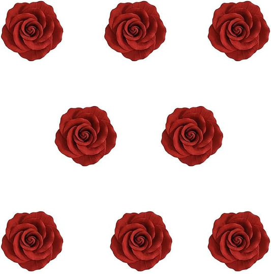 O'Creme Red Garden Roses Gumpaste Flower Set - 2" Edible Flowers for Cake Decorating - Sugar Paste Decorations for Cakes, Cupcake Toppers - Birthday, Wedding, Valentine's Day, Baby Shower - Set of 8