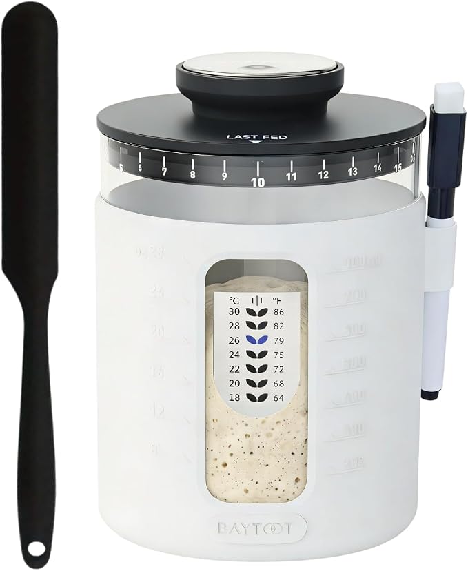 Sourdough Starter Jar Kit 33oz – Wide Mouth Sourdough Fermentation Jar, Upgraded 2026 Sour dough Container Reinforced Thick Glass Base, Airflow Lid, Feeding Tracker & Thermometer (White)