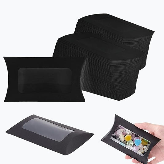 100 Pcs Pillow Gift Boxes with Windows,Kraft Paper Mini Pillow Packaging Box, Creative Favor Box Folding Treat Boxes with Clear Window for Bakery Candy Chocolate Jewelry Display Wedding Party Favor (Black,100Pcs)