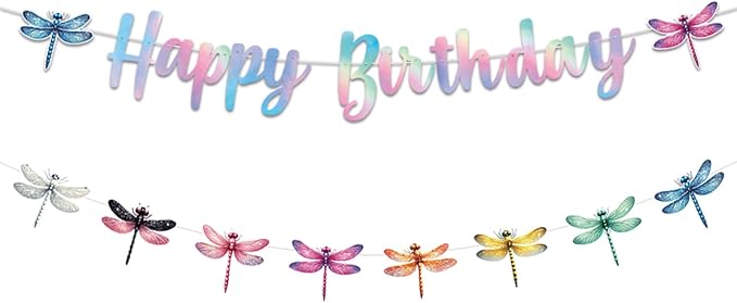 Zwiebeco Dragonfly Happy Birthday Banner Iridescent Insect Sign Hanging Paper Birthday Party Decorations for Girls Boys Kids Woodland Garden Accessories Party Supplies