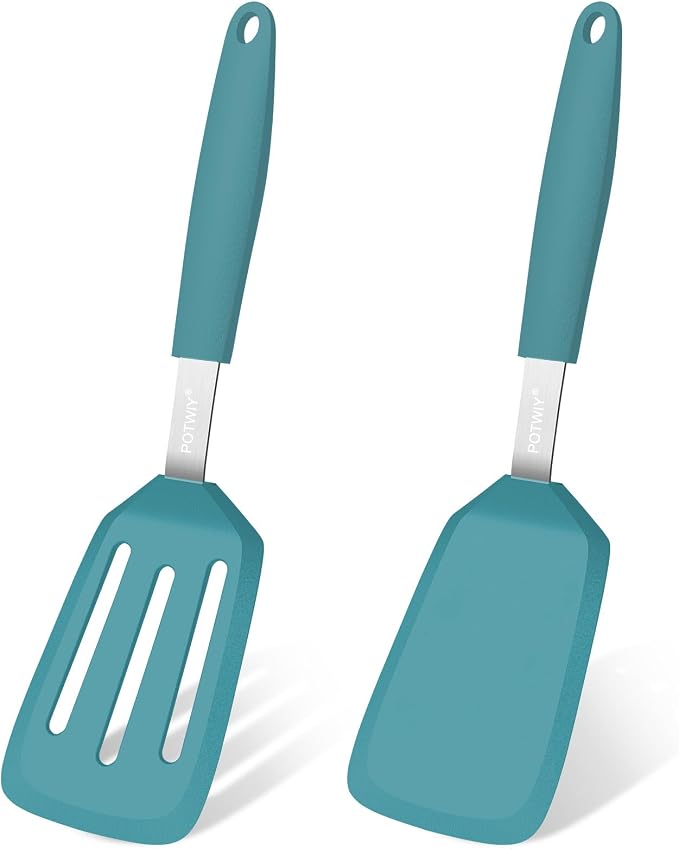 2 Pack Silicone Kitchen Spatula Set, 600°F Heat Resistant (Blue) | BPA Free, Solid & Slotted Turner, Non-Toxic Cooking Utensils, Safe for Non Stick Frying Pan, Dishwasher Safe