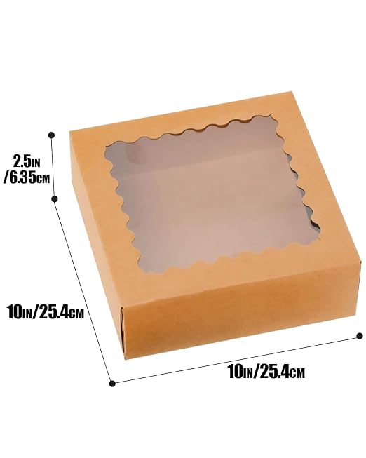 qiqee 10x10x2.5 Inch Brown Pie Boxes with Window 12Packs Cookie Donut Bakery Box (Auto-pop Up)