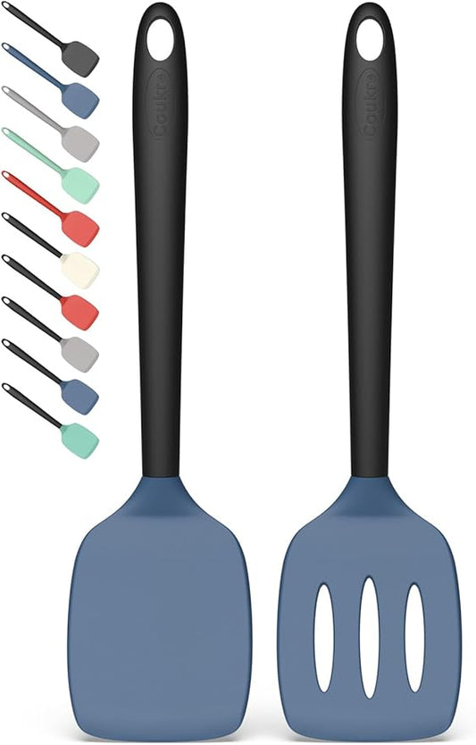 Coukre 2 Pack Silicone Spatula Set, High Heat Resistant, BPA Free Kitchen Spatula, Solid & Slotted Turner for Non-Stick Pans, Sautéing, and Flipping (2, DarkBlueBlack)