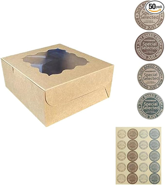 50Pcs (6x6x3 in) Mini Cake Boxes with Display Window for Gift Giving, Bakesale, Cupcakes, Dessert, Cookies, Pie, Macaroons, Donuts, Pastry, Kraft Paper Material… (50Pcs kraft)