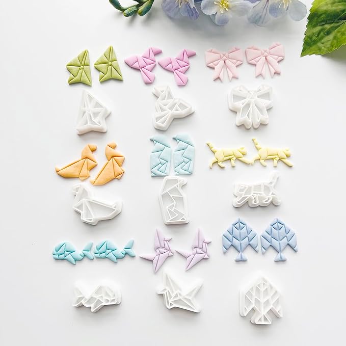 Xaekicr 9 Pcs Origami Shape Polymer Clay Cutters - Geometric Animal & Bow Cookie Cutter Set for Jewelry Making, Earring Molds, Fondant Cake Decorating & DIY Crafts