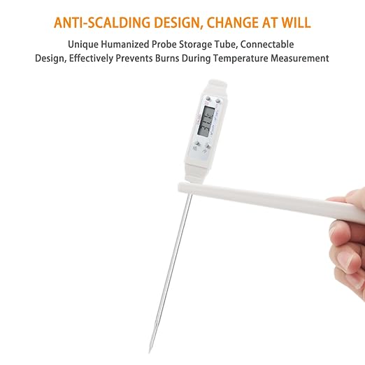 Meat Thermometer, Digital Food Thermometer Instant Read with 120mm Long Probe, Automatic Calibration, Kitchen Cooking Thermometer for BBQ, Grill, Deep Fry, Water Temperature (White)