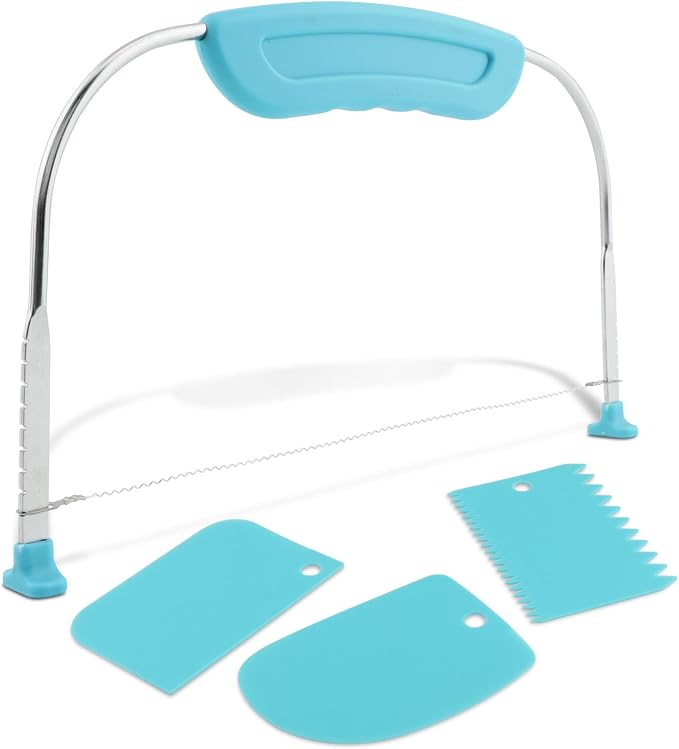 Adjustable Cake Leveler Cutter With 3PCS Cake Scrapers Set,Baking Supplies Tool for Kitchen,Large Size Cake-Cutter Slicer for Leveling,Single Stainless Steel Wire & Plastic Handle(COLOR:Blue)