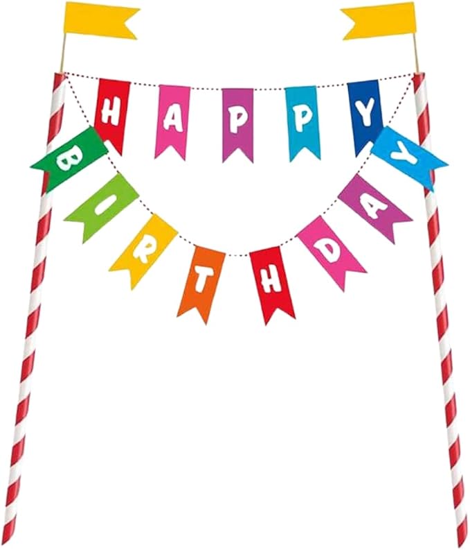 Multicolor Rainbow Birthday Bunting Paper Cake Topper - 3.5", Eye-Catching & Unique Design - Perfect Party Cake Decoration - Pack Of 1