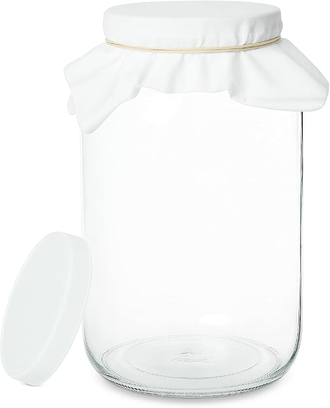 kitchentoolz 1 Gallon Glass Wide Mouth Kombucha Brewing Mason Jar - Home Brewing and Fermenting Kit with Cotton Cloth Filter, Rubber Band and Plastic Lid (1 Jar)