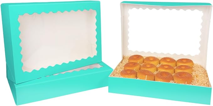 qiqee Auto-pop Up Mint Blue Cookie Box with Window 14x10x2.5 inch 24Pcs Bakery Pastry Macaron Bakery Box For Packaging