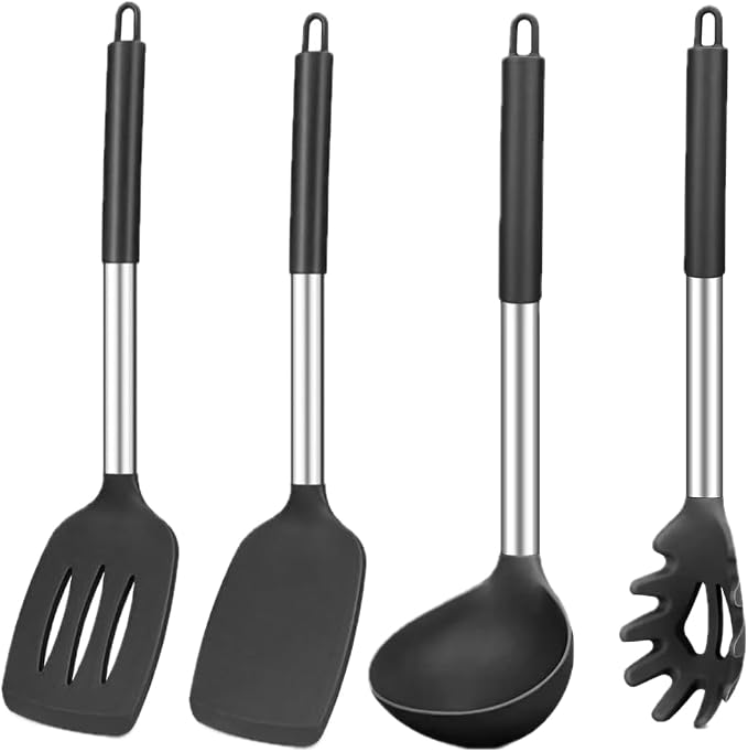 Premium Kitchen Utensil Set, 4-Piece Silicone and Stainless Steel Cooking Tools, Black Spatula, Ladle, Pasta Server and Turner with Hanging Hooks