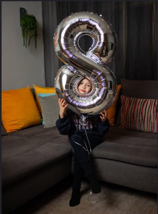 Silver 8 Balloon, Number Balloons 40 Inch, 8th Birthday Decorations for Boys Girls, Silver Birthday Balloons, Silver Party Supplies, Number 8 Balloon