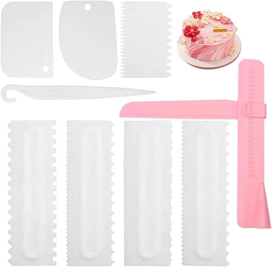Cake Scraper Set of 9 Packs, Cake Scraper Smoother Set, Adjustable Icing Scraper Polisher Tool, Cake Decorating Comb, Icing Smoother Plastic Sawtooth Cake Icing Kitchen Baking Cake Edge (White)