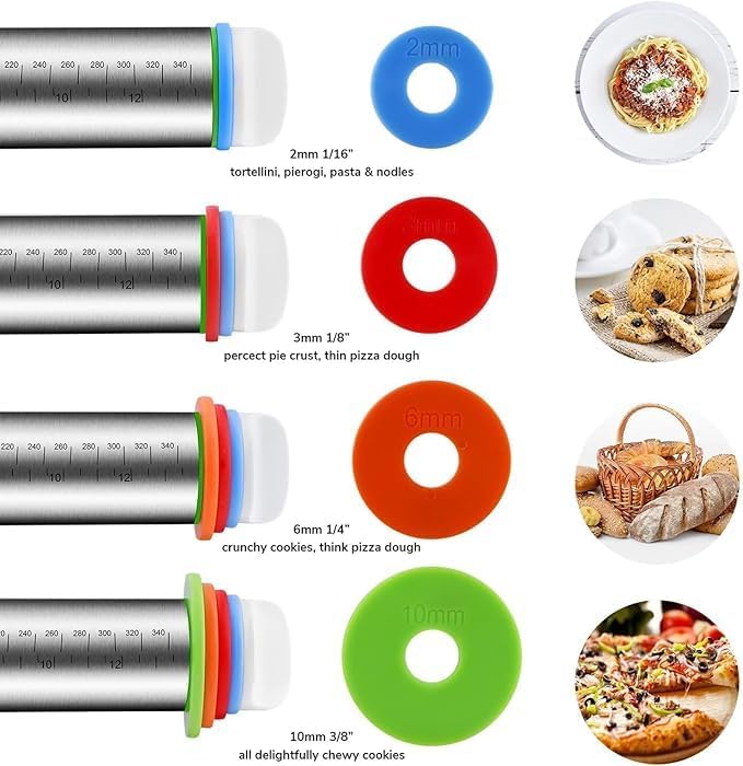 17'' Multi-Purpose Rolling Pin - Stainless Steel, Adjustable Thickness for All Dough Types & Measurement Scales, Ideal for Dough & Pizza Crust(Red Mat)