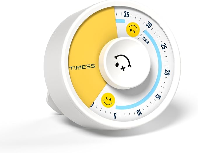 60-Minute Visual Timer, Twist to Set, Loud Battery-Powered Alarm, Manual Rotary Countdown Dial for Study, Focus, Classroom, Office & Home Time Management (White Smile)
