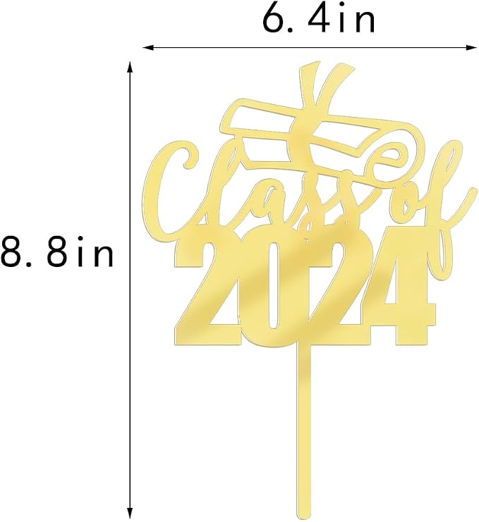 Mirror acrylic Class of 2024 Cake Topper - Congrats Grad Cake Toppers - Gold Glitter Graduation Party Decorations