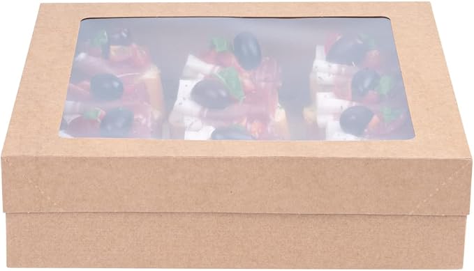 Restaurantware Cater Tek 9 x 9 x 2.4 Inch Catering Boxes 10 Insert Tab Lock Baked Goods Boxes - Window Lids Easy Assembly Kraft Paper Window Pastry Boxes For Charcuterie Or Cupcakes