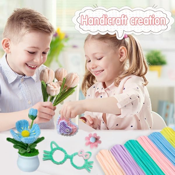 620Pcs Macaron Pipe Cleaner Flower Kit, 6 Colors Bulk Chenille Stems with Wires, Pom Poms, Stamens and Card, All-in-One DIY Flower Craft Supplies for Creative Gifts Home Decor, Party & School Crafts