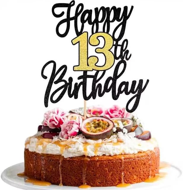 1 PCS Happy 13th Birthday Cake Topper Black Gold Glitter Cheers to 13 Years Birthday Cake Pick 13 Fabulous Cake Decoration for Happy 13th Birthday Anniversary Party Cake Decorations Supplies
