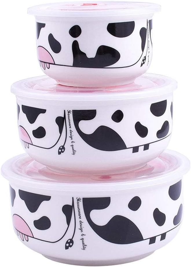 Cow Print Ceramic Food Storage Bowls with Lids, Set of 3 Nesting Porcelain Bowls, Airtight Meal Prep Containers for Kitchen, Salad, Soup and Snacks, Microwave & Dishwasher Safe