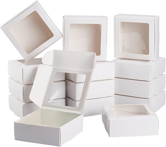 BENECREAT 20 Pack White Kraft Paper Boxes with Clear Window 3.6x3.6x1.4 Gift Packaging Boxes for Bakery Cookies Cake Candy Wedding Party, Christmas Festival Gift Packaging