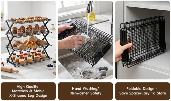 4 Tier Collapsible Cooling Rack - Upgraded Adjustable Heavy Duty Cooling Rack with 4 Setting Stackable Design - Space-Saving Folding Wire Bread Cookie Racks Cooling Baking Gifts for Women Black