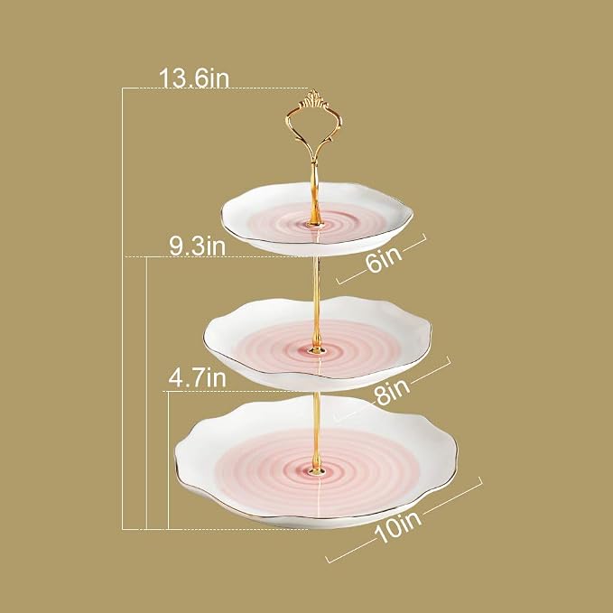 Sweejar 3 Tier Ceramic Cake Stand,Dessert Stand,Cupcake Stand,Tea Party Pastry Serving Platter,Food Display Stand for Tea/Coffee/Birthday/Wedding/Women/Afternoon/Gift - Pink