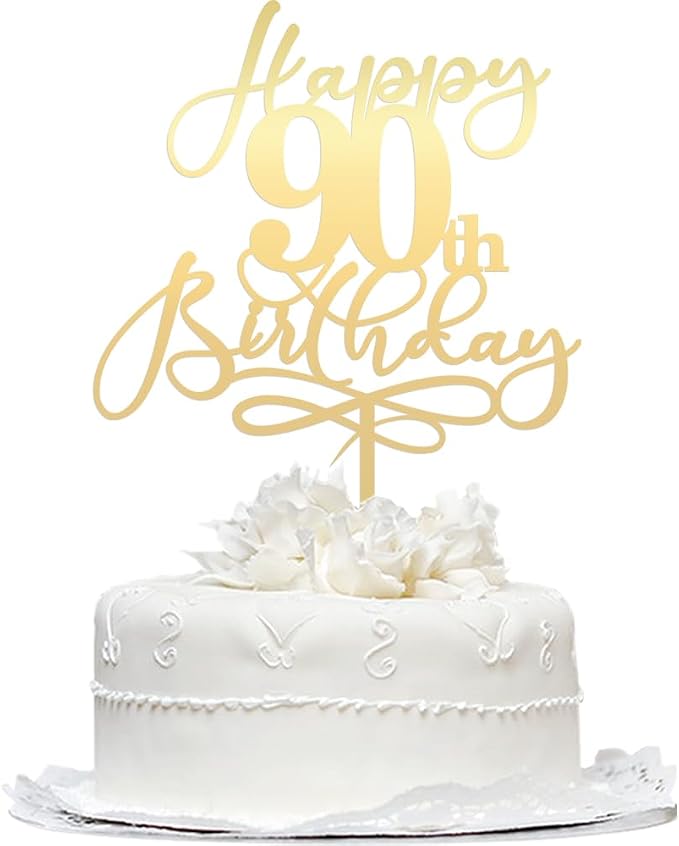 Happy 90th Birthday Cake Topper,Mirrored Gold Acrylic Durable Cake Topper，Hello 90, Cheers to 90 Years/90th Anniversary,90th Birthday Party Cake Decorations，Birthday Party Decorations