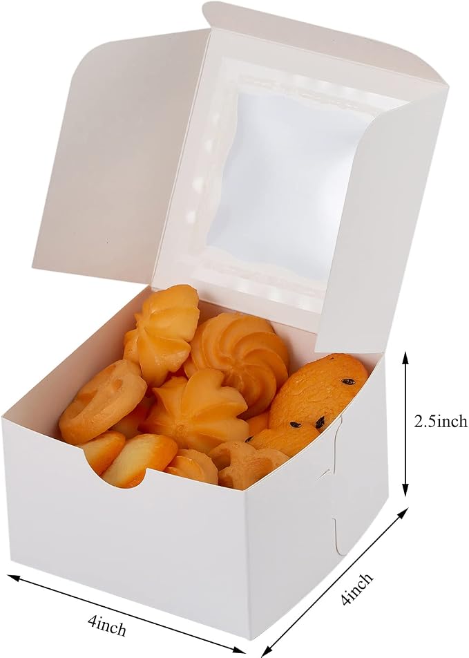 100Pcs Paper Cookie Boxes With Window Small Bakery Boxes 4x4x2.5 Inches Mini Cake Boxes For Pastries,Cupcakes,Desserts,Donuts,Chocolate Strawberries,Candy,Treat Boxes(4 * 4 * 2.5,White)