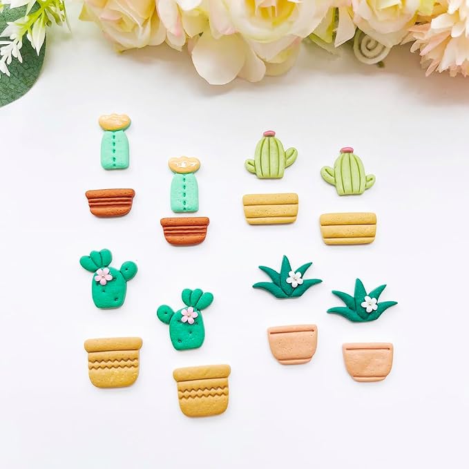 Cute Cactus Polymer Clay Cutters Set - 10pcs Cartoon Succulent Plant & Flower Pot Shapes for DIY Earring Jewelry Making, Soft Clay Crafts, Scrapbooking & Miniature Decor