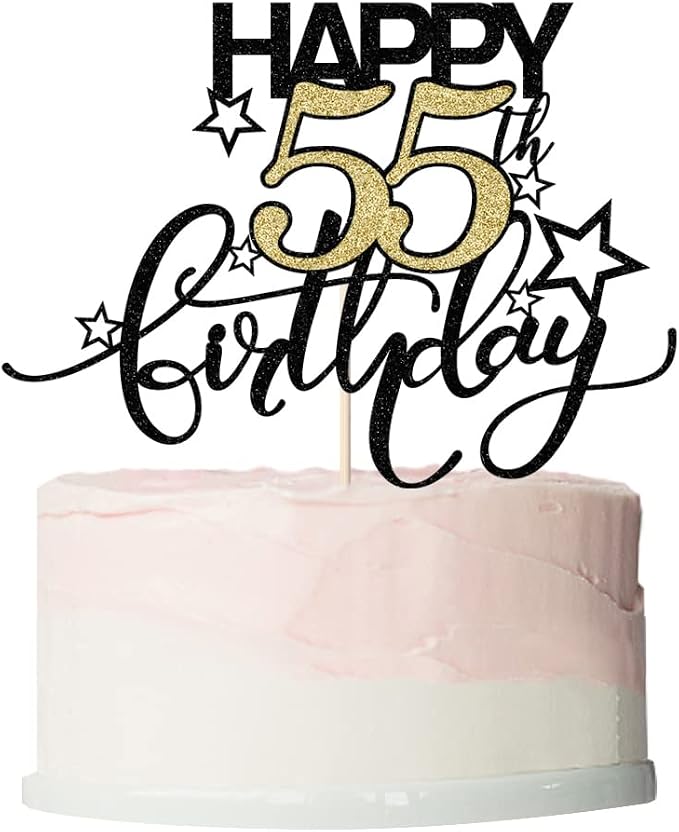 Happy Birthday Cake Topper,Black font Golden Numbers 55th Birthday Cake Decoration，Hello 55, Cheers to 55Years/55th Anniversary ，55& Fabulous Party Decoration
