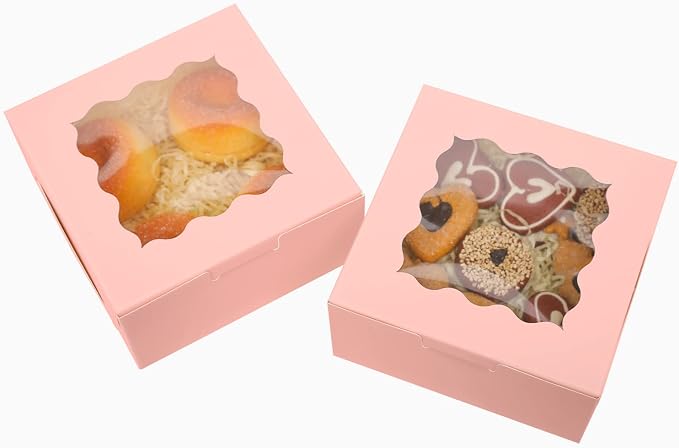 Bakepacker Pink Bakery Boxes with Window 6x6x3 inches Thick & Sturdy Macaroon Pastry Boxes Cookie Boxes for Bakerys（60-Packs）