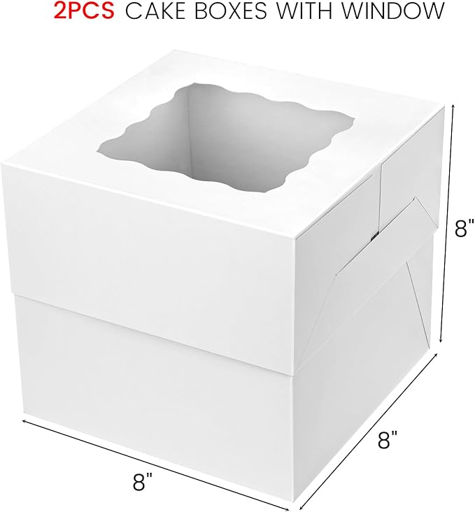 VGOODALL 2PCS Cake Boxes with Window, 8 x 8 x 8 Inches White Bakery Boxes Square Cardboard Cake Containers for Birthday Party Wedding…