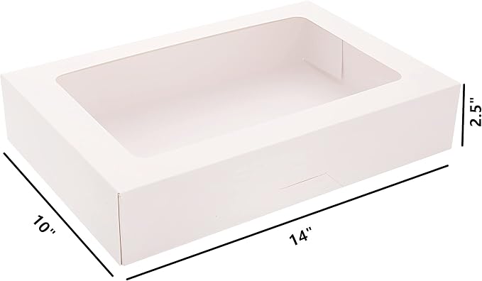 RIFMEAE Cookie Boxes, 14" x 10" x 2.5" White Bakery Boxes with Window, Auto-Popup Treat Boxes, Pastry Boxes for Cookies, Donuts, Muffins and Strawberries [ Pack of 15 ]