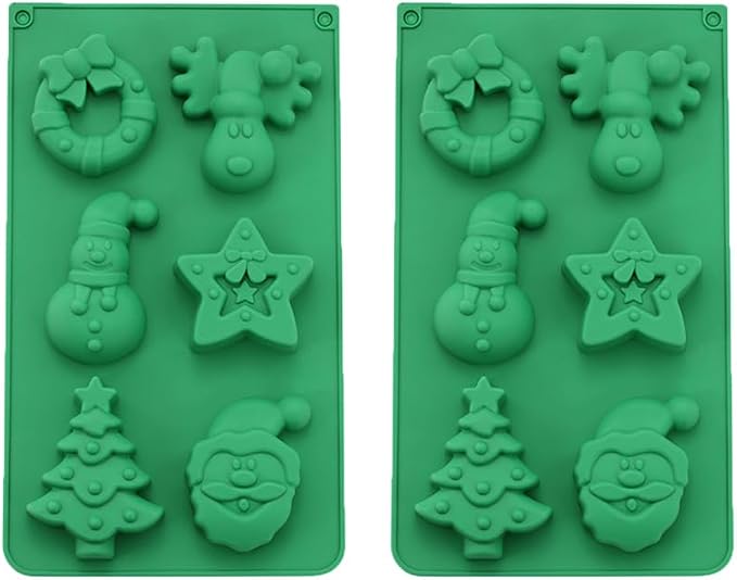 6 Cavities Silicone Cookies Biscuit Mold, Christmas Halloween Candy Mold, Reusable DIY Baking Mold Jelly Chocolate Mold, Ice Cube Tray Wax Melt Molds(Set of 2 Green Star and Elk)