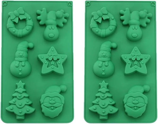 6 Cavities Silicone Cookies Biscuit Mold, Christmas Halloween Candy Mold, Reusable DIY Baking Mold Jelly Chocolate Mold, Ice Cube Tray Wax Melt Molds(Set of 2 Green Star and Elk)