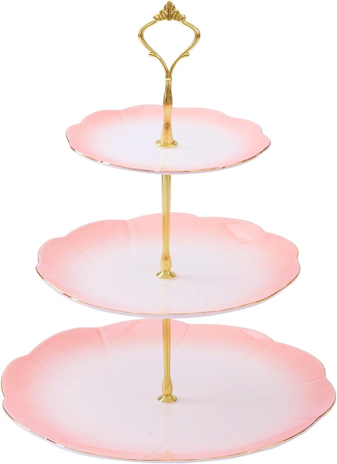 DUJUST Luxury Larger 3-Tier Cupcake Stand Tower, British Style Porcelain Serving Tray with Golden Trim, Food Grade Dessert Display Stand for Tea Party & Home Décor - 45% Gradient Pink Larger Plates