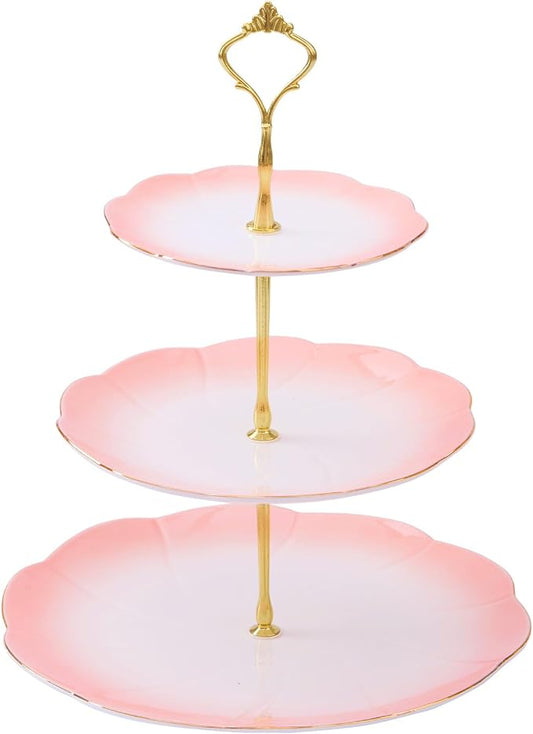 DUJUST Luxury Larger 3-Tier Cupcake Stand Tower, British Style Porcelain Serving Tray with Golden Trim, Food Grade Dessert Display Stand for Tea Party & Home Décor - 45% Gradient Pink Larger Plates