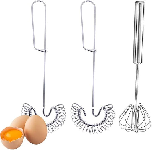 3 Pack Stainless Steel Egg Whisk Versatile Easy Whisk Hand Push Rotary Milk Frother Cooking Beater Manual Mixer for Beating Eggs Mixing Whipping Smoothies Shakes (2 Styles)
