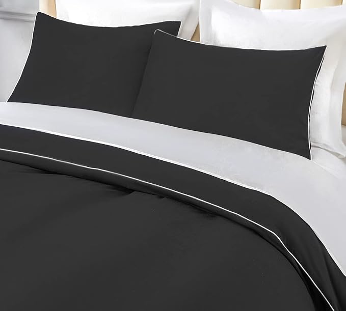 DAUAOTO Twin/Twin XL Bedding Set - 1 Duvet Cover + 1 Pillow Sham, Black with Decorative White Piping, Dorm Microfiber Bedding