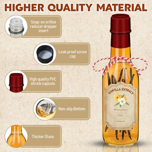 16 Pack Glass Vanilla Extract Bottles 5 oz with Lids, Vanilla Extract Labels, Shrink Band and Funnel, Glass Jar Vanilla Bottles for Syrup, Jars for Vanilla Extract