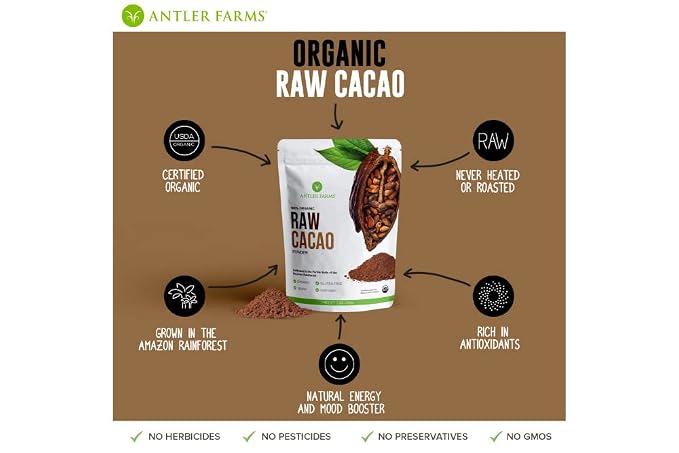 Antler Farms - 100% Pure Organic Raw Cacao Powder, 40 servings, 200g - Vegan, Gluten Free, Cultivated Naturally in Amazon Rainforest, Certified USDA Organic (Pack of 2)