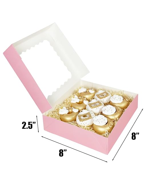Bakepacker 55pcs Pink Pie Boxes 8x8x2.5 inches Easy Assemble Macaroon Cookie Boxes Bakery Boxes with Window for Bakery (Auto-pop Up)
