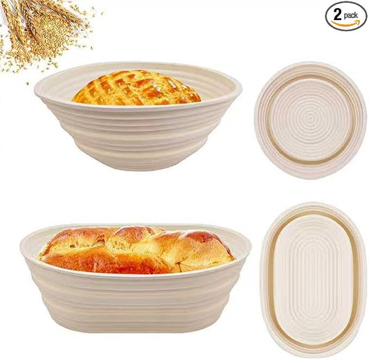2Pcs Silicone Banneton Bread Proofing Baskets, 10" Oval & 9" Round Foldable Non-Stick Dough Proofing Bowl Containers-BPA Free, Optimum Sourdough Bread Baking Supplies(Beige)