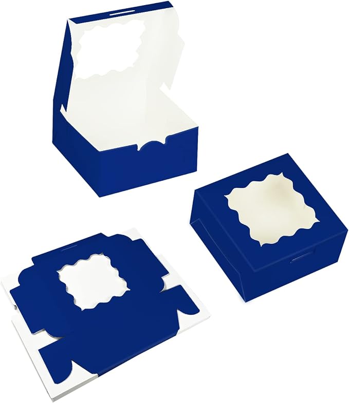 Bakepacker 60pcs Navy Blue Cookie Boxes 6x6x3 inches Easy Assemble Macaroon Pastry Boxes Bakery Boxes with Window for Bakery