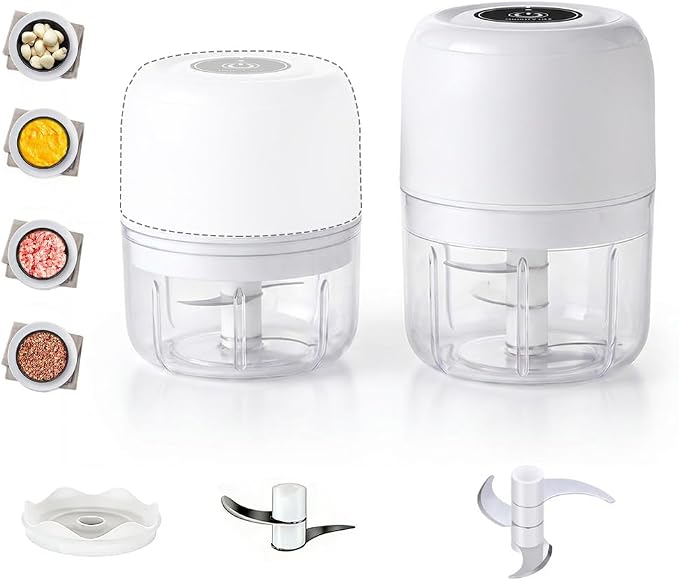 Electric Garlic Chopper with 2 Cups, Household Electric Garlic Crusher, Rechargeable Wireless Portable Mini Food Chopper for Garlic Ginger Nuts Meat (white set)
